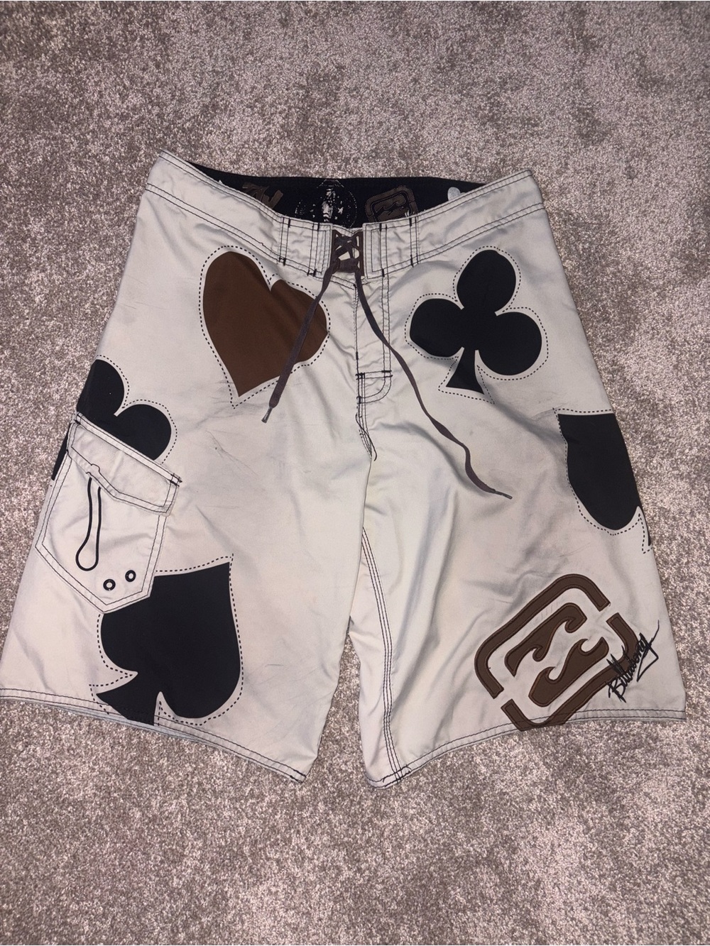 Billabong White Boardshorts with Black and Brown Card-Suit Graphics